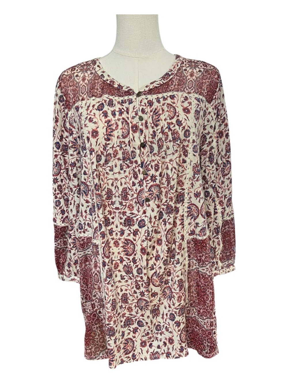 EUC Lucky Brand Patchwork Floral Peasant Blouse Semi Sheer Chiffon | Size 1X